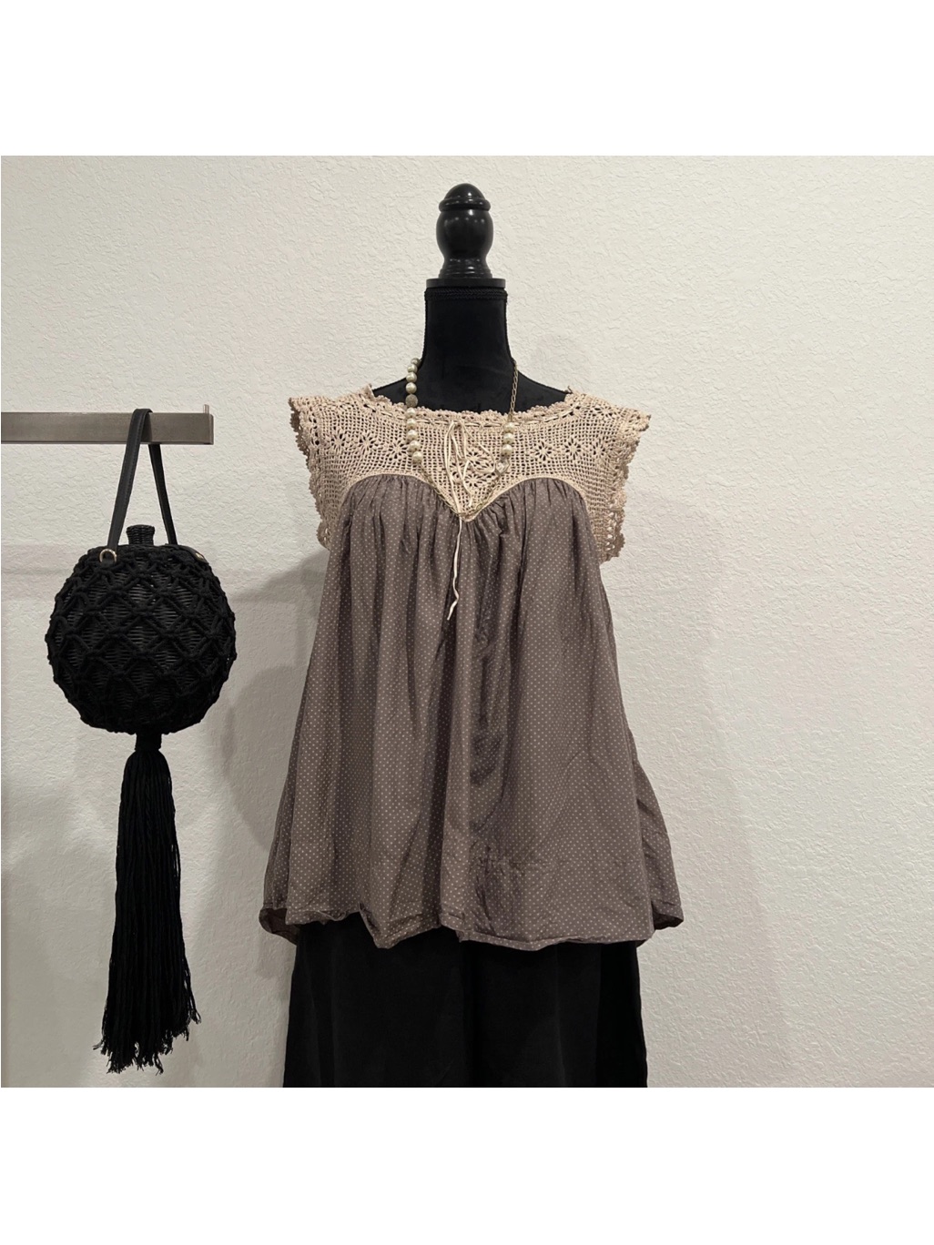Magnolia Pearl Taupe Polka Dot Sleeveless Top With Crochet Yoke